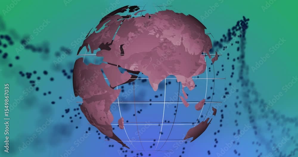Poster on start 3d pink globe rotating while black silhouettes expanding over continents visualizing data