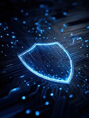 A luminous blue cybersecurity shield with digital circuits in a dark technological space.