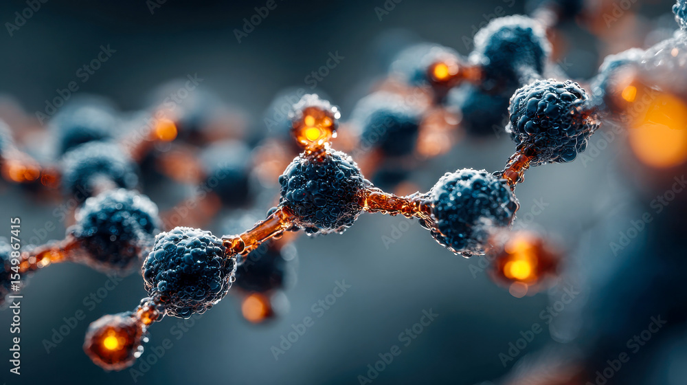 Poster macro view of an abstract molecular structure with interconnected blue and black spheres, glowing or