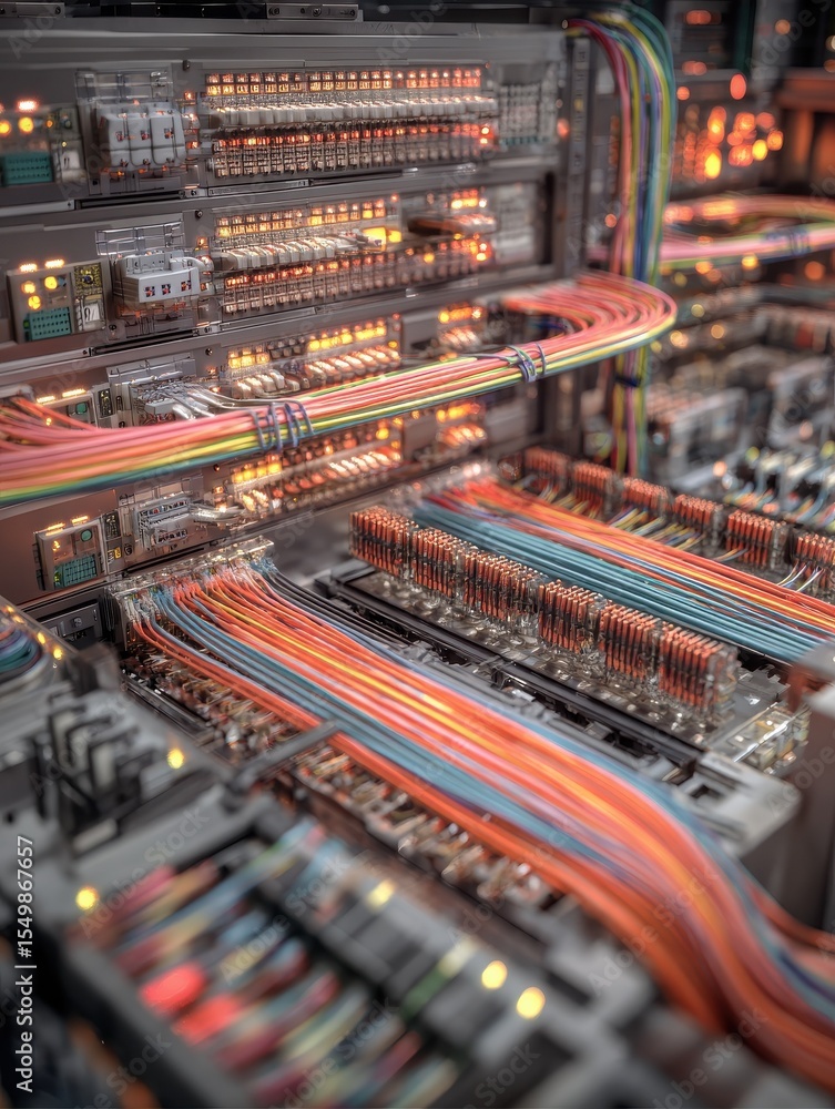 Poster a dynamic image of a telecommunications control panel with fiber optic connections, showing the intr