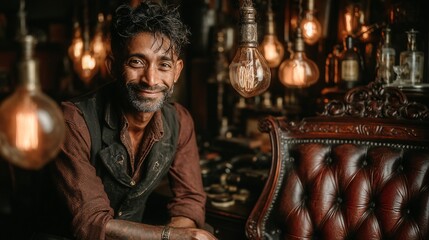 Charming Bartender with Vintage Decor and Warm Light in Scene