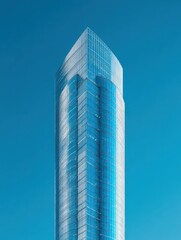 Obraz premium Modern skyscraper, city view, blue glass, clear sky, urban backdrop, corporate design