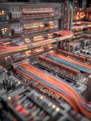 Fototapeta premium A dynamic image of a telecommunications control panel with fiber optic connections, showing the intricate network of cables and equipment that powers high-speed internet services