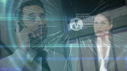 Man using phone conducting business call while woman pointing and generating 3D data network - Powered by Adobe