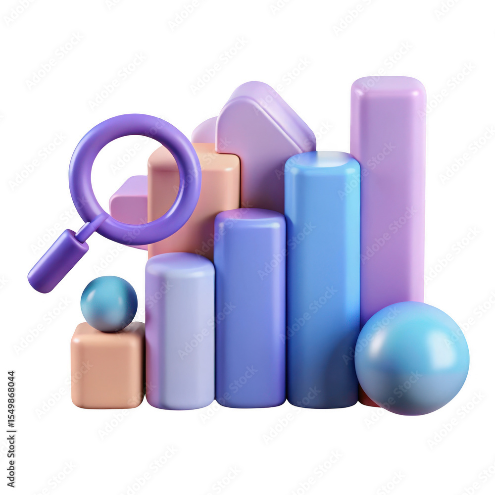 Poster 3d abstract data analysis chart with magnifying glass isolated on transparent background