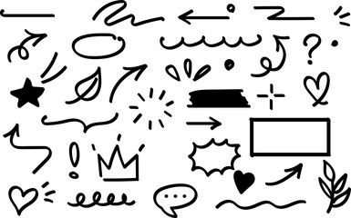 A collection of hand drawn doodle elements including arrows hearts stars and other graphic symbols