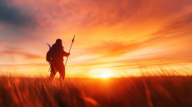 A silhouetted figure of a hunter stands poised with a spear, framed by a breathtaking sunset that symbolizes the ancient connection to nature and the art of survival in wilderness.