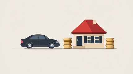 A black car parked next to a house with stacks of coins symbolizing financial value or investment in property and vehicle.