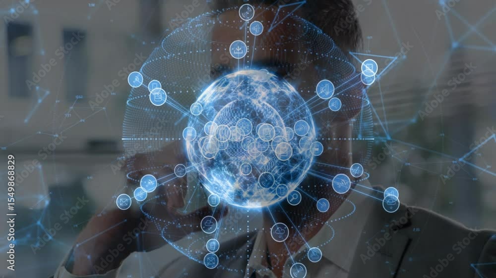 Poster businessman listening on smartphone as hologram globe emerging and data nodes linking for analytics