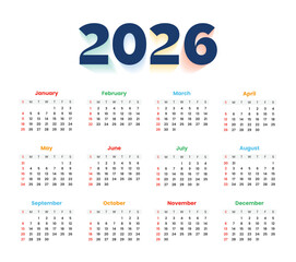 2026 colorful annual calendar template for a printable design. 2026 New Year Calendar