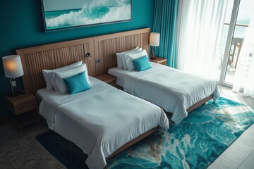 Hotel room with two double beds, oceanic decor theme. Clean and modern accommodation.