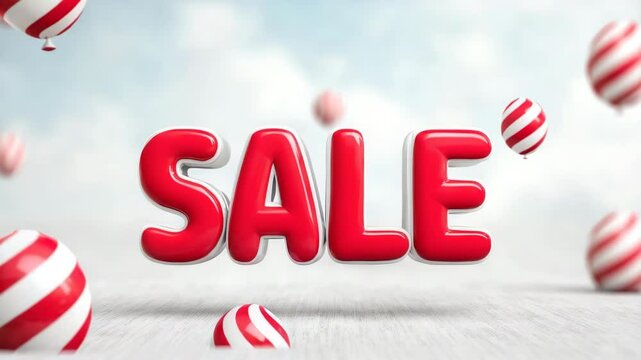 Volumetric red word SALE with a glossy effect on a background of white and red balloons. Airy composition with a festive atmosphere is perfect for advertising sales and promotions.