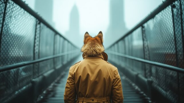 A figure wearing a trench coat and a fox head stands in a foggy urban environment, evoking intrigue and mystery amidst the cityscape shrouded in mist. - Powered by Adobe