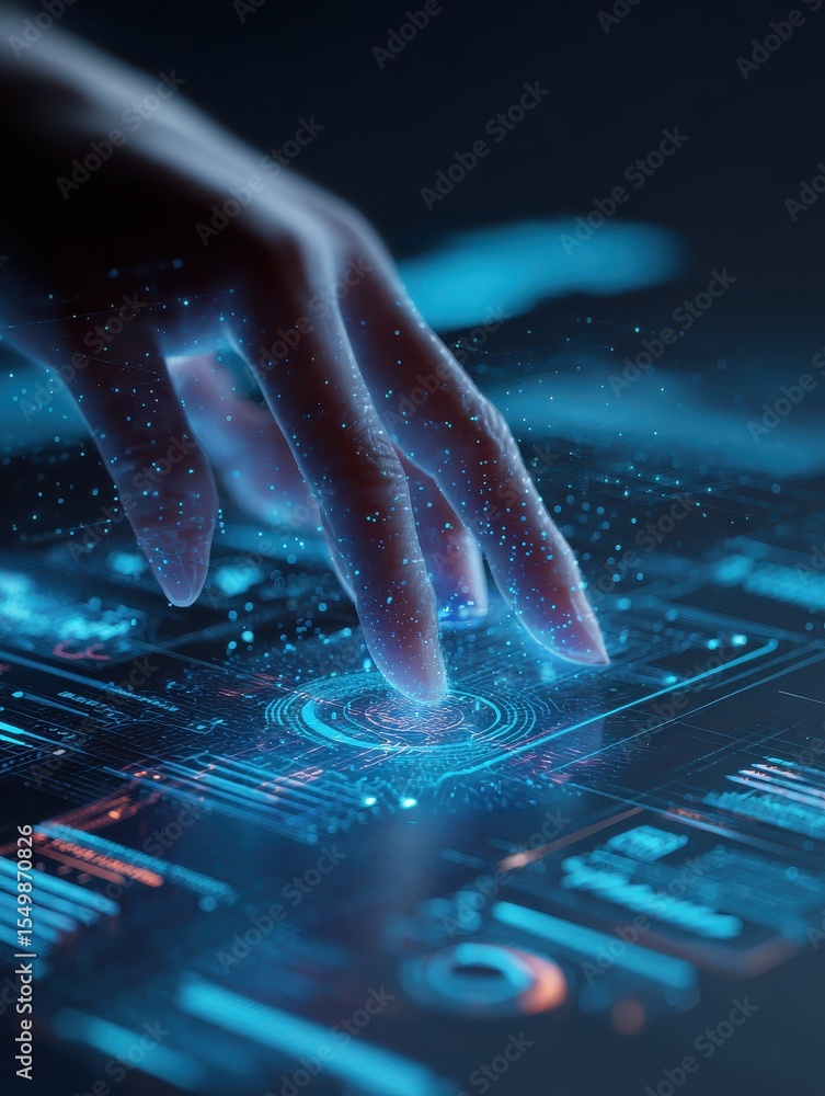 Poster ai generated image of a human hand interacting with a glowing digital touchscreen displaying futuris