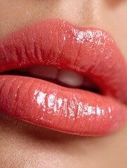 healthy human lips with peach glossy and shiny lipstick , Skincare and beauty and a cosmetic concept
