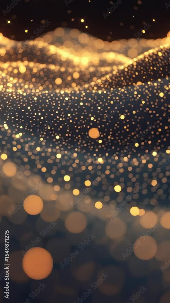Poster glistening golden particles dance in a dark environment, creating a mesmerizing visual experience of