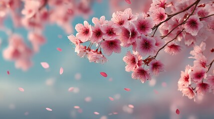 Elegant Cherry Blossom Branch with Soft Pink Petals Falling Down