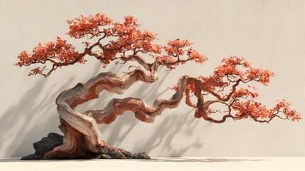 Artistic Bonsai Tree with Vibrant Red Leaves and Intricate Details