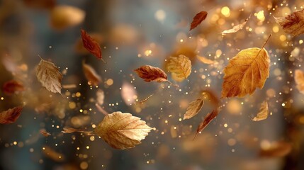 Golden Leaves Floating in Autumn Air with Magical Bokeh Effect
