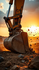 Close-up of an excavator bucket tearing into black coal with flying dust and raw textures, capturing the powerful precision of industrial digging in a dramatic mining environment