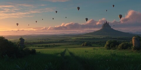 Serene landscape with castle and hot air balloons at sunset