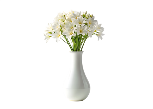 A pristine, elegant arrangement of white flowers fills a slender, glossy white vase, set against a stark white background