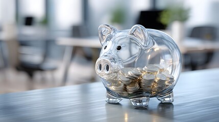 Immaculate Glass Piggy Bank with Luminous Coins Adorning a Fashionable Modern Desk in a Bright and Dynamic Business Workspace