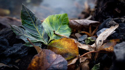 Macro shot of leaves and organic matter decomposing