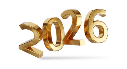 year 2026 golden symbol, 3d-illustration, with shadows on the ground