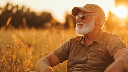 An elderly man, wearing sunglasses and a cap, relaxes in a golden field, embodying a moment of peace and contentment during a beautiful sunset.