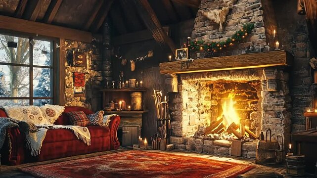 Cozy Rustic Cabin Interior with Fireplace, Sofa and Winter Scenery through the Window
