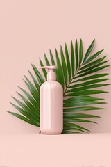 Modern Skincare Mockup Featuring a Minimal Pump Bottle Beside a Leaf on a Textured Surface