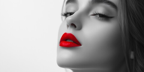 Naklejka premium Woman with red lips, dark eyes, black and white portrait