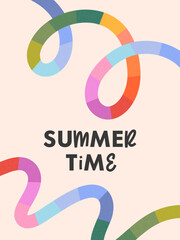 Summer vector illustration with bright rainbow lines.Abstract background with multicolored dinamic shapes.Summer artistic banner in simple style.Template for prints,banners,ad,covers,branding,fashion
