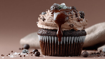 Chocolate cupcake with oozing caramel filling, juicy and decadent, hyperrealistic rendering, isolated
