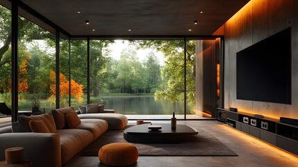 A modern living room with large windows offering stunning views of a lake and autumn trees. Luxurious furniture and a home theatre system.