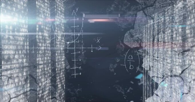 Sliding from edges, code walls converging, revealing map showing math diagrams visualizing data