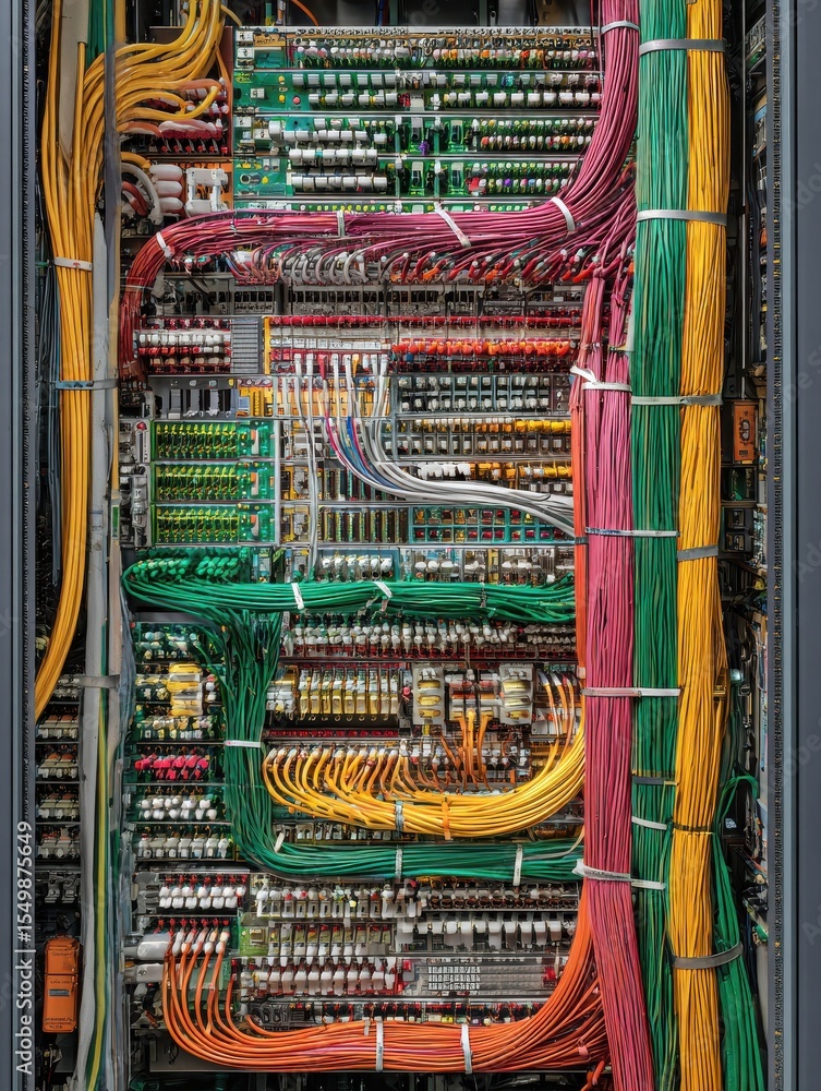 Poster a dynamic image of a telecommunications control panel with fiber optic connections, showing the intr