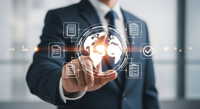 A businessman's hand interacting with a digital world interface, data processing.