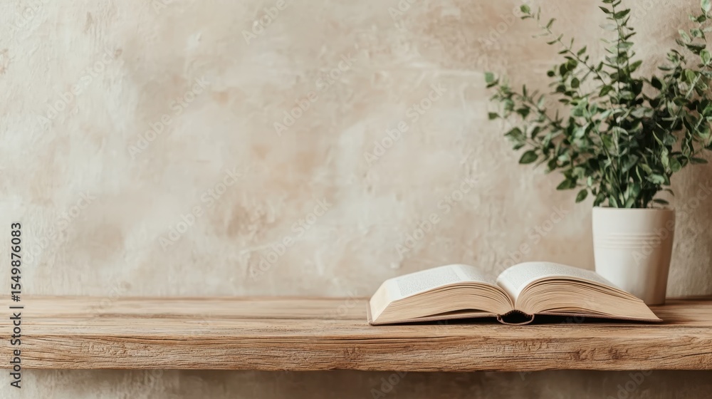 Poster a serene still life featuring an open book resting on a rustic wooden shelf, complemented by a green
