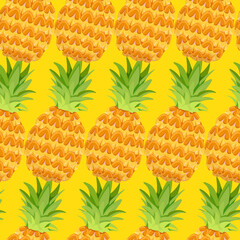 Seamless pattern of diagonally tilted realistic pineapples on a yellow background