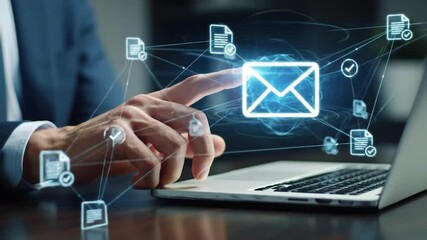 Businessman Sends Email With Glowing Digital Envelope Animation on Laptop, Data Transferring Network - Powered by Adobe