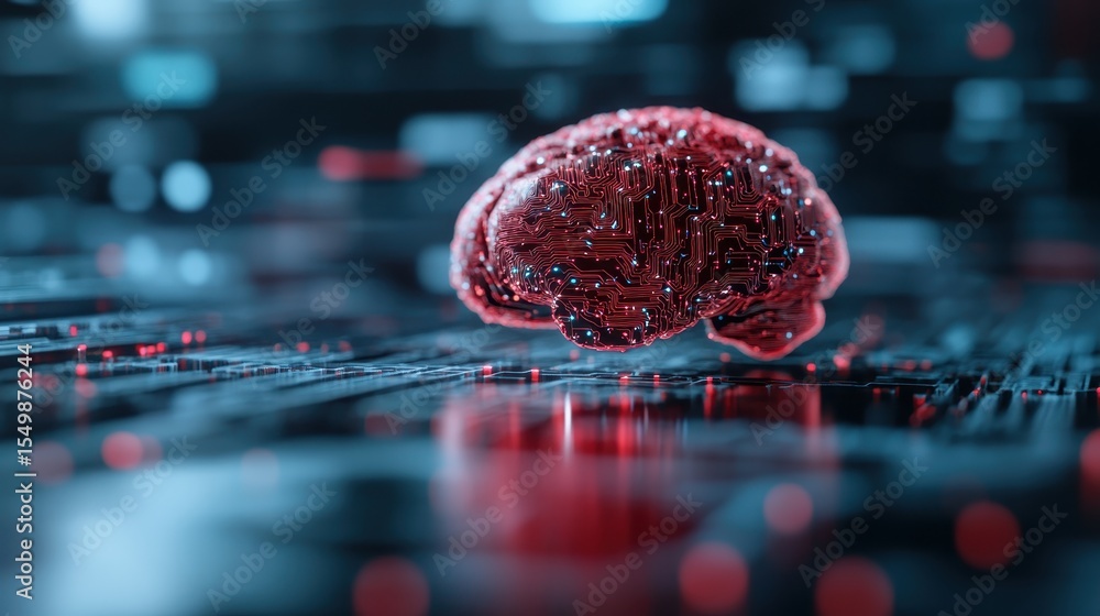 Poster a vibrant digital representation of a brain with intricate circuitry and glowing elements, symbolizi