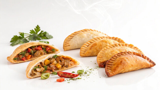 fresh and authentic food filled empanadas on white backgraound