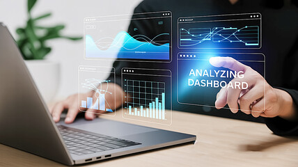 Data Driven Decision: A professional interacts with a holographic dashboard displaying data visualization, charting the course for informed decision-making with analytical prowess.