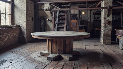 Rustic Workshop with Large Round Wooden Table