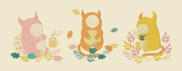 Cartoon friendly monsters at a tea time in the park, or forest, a cozy picnic. Cute design for children's items.