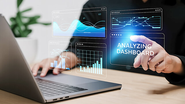 Data Driven Decision: A professional interacts with a holographic dashboard displaying data visualization, charting the course for informed decision-making with analytical prowess.