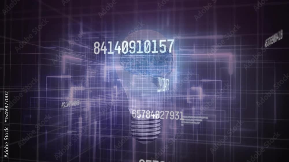 Poster opening grid rotating bulb hosting glowing brain with numbers shifting for data insight