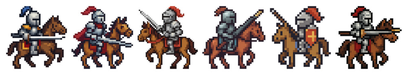 Obraz premium PNG Pixelated medieval knights on horseback, element set on transparent background
